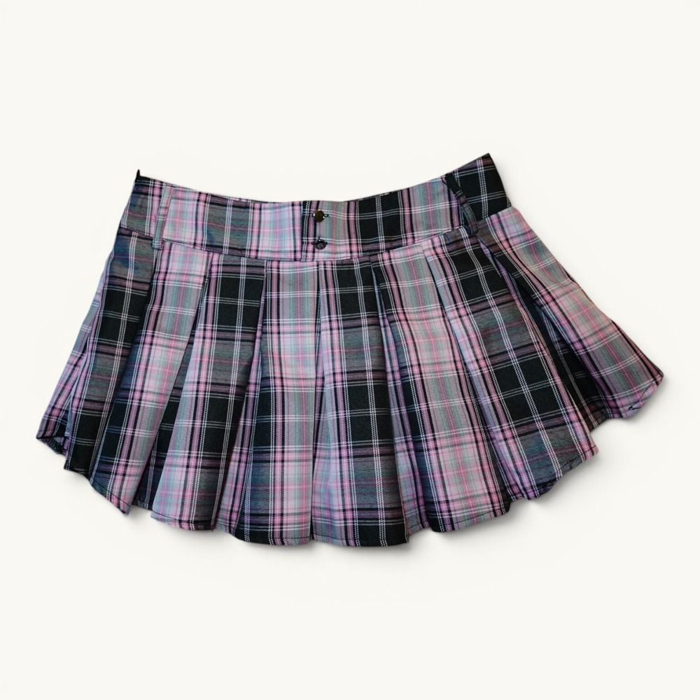 Pink Black Plaid Pleated Micro Mini Skort Y2K Punk Size S/M